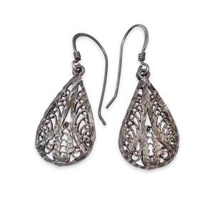Vintage Sterling Silver Cannetille Filigree Teardrop Dangle Earrings Openwork